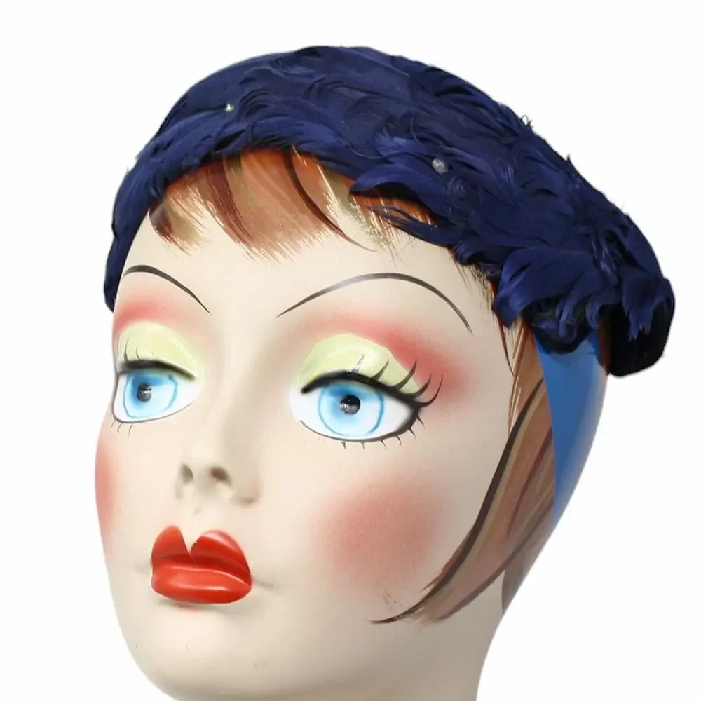 Vintage Blue Feather Cocktail Hat Rhinestone Accent Close Fitting Style -Hey Viv - Picture 4 of 7